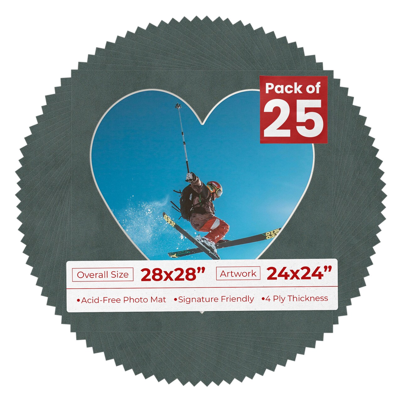 Dark Grey Suede Mat Board for 28x28 Frames - Heart Opening for 24x24 Photos